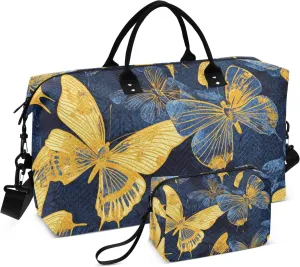 Travel Hand Bag Travel Overnight Carry on Bag Gym Carry on Duffel Bags with Toiletry Bag for Trekking Multifunctional Blue and Gold Butterfly