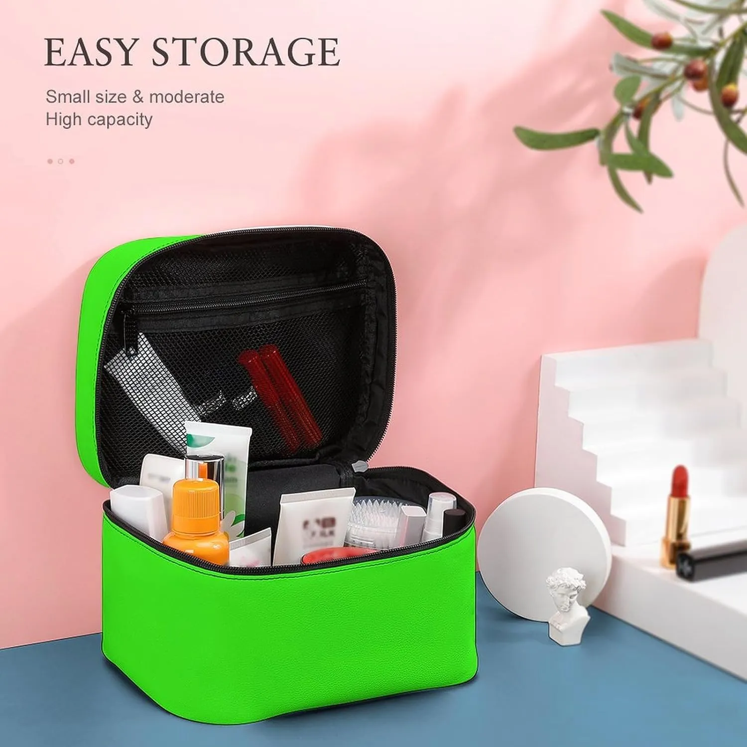 Travel Makeup Bag, Neon Green Solid Color Cosmetic Bags for Women Large Capacity Waterproof Toiletry Bag Make up Organizer