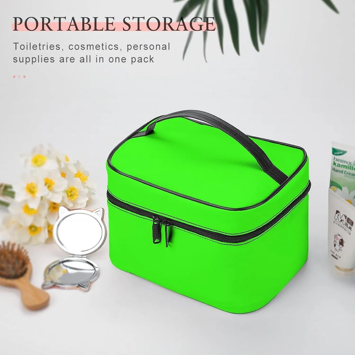 Travel Makeup Bag, Neon Green Solid Color Cosmetic Bags for Women Large Capacity Waterproof Toiletry Bag Make up Organizer