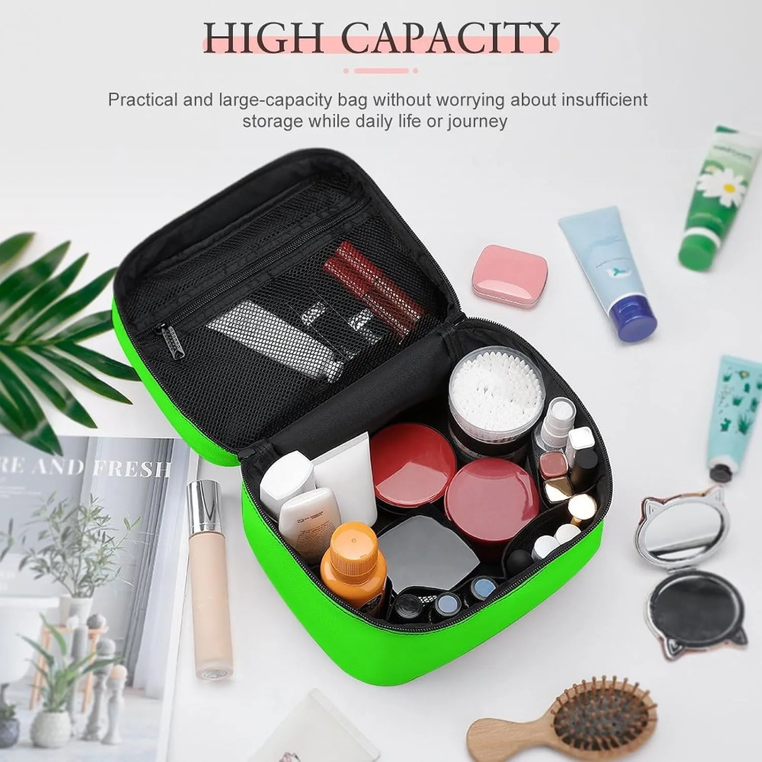 Travel Makeup Bag, Neon Green Solid Color Cosmetic Bags for Women Large Capacity Waterproof Toiletry Bag Make up Organizer