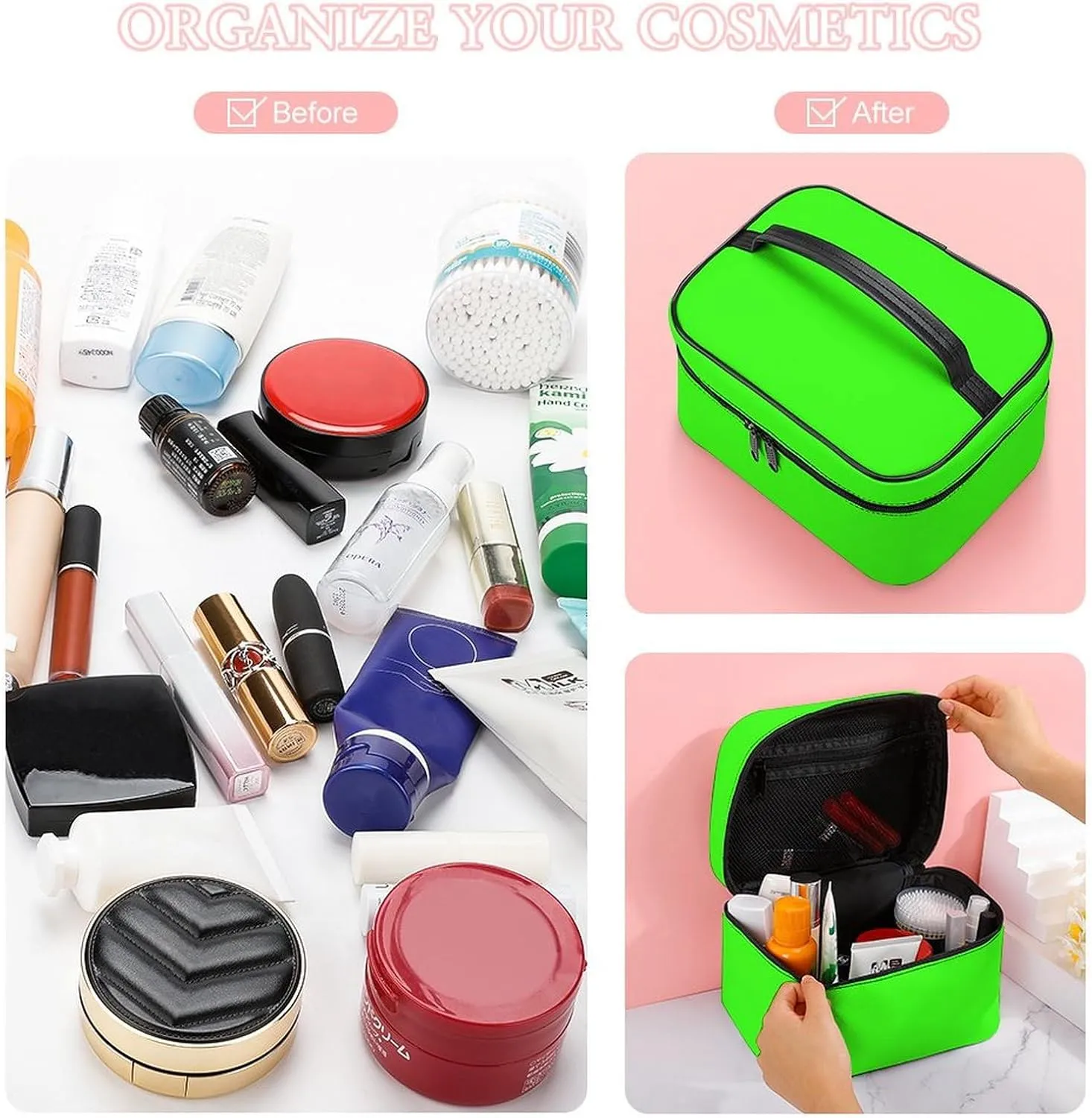 Travel Makeup Bag, Neon Green Solid Color Cosmetic Bags for Women Large Capacity Waterproof Toiletry Bag Make up Organizer