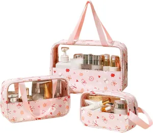 Travel Toiletry Bag, 3 Pcs Clear Makeup Bag Set, Toiletry Bags with Handles for Women and Girls (Pink, Butterfly)