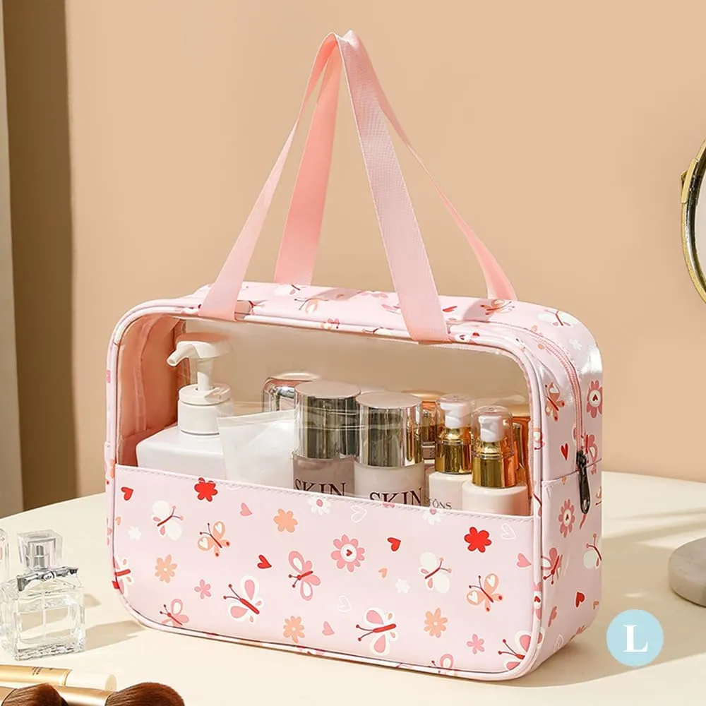 Travel Toiletry Bag, 3 Pcs Clear Makeup Bag Set, Toiletry Bags with Handles for Women and Girls (Pink, Butterfly)