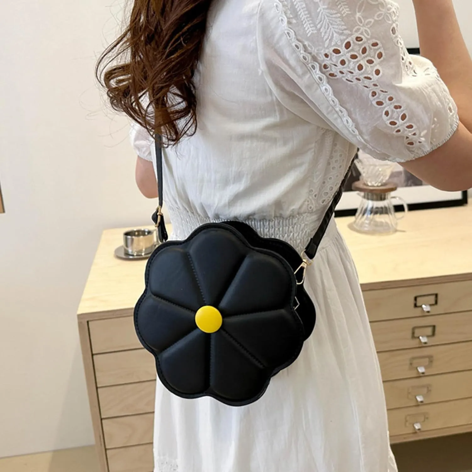 Trendy Flower Shaped PU Leather Crossbody Bag with Adjustable Strap Shoulder Purse Satchel for Women and Girls