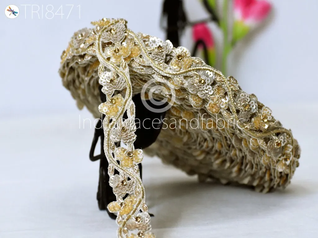 Trim by 3 Yards Handmade | Sequin Zardozi Wedding Dress lace | Costume Indian Floral Sari Border | DIY Craft Saree Ribbon Zari Tape Trimming