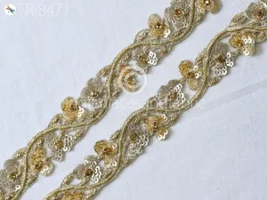 Trim by 3 Yards Handmade | Sequin Zardozi Wedding Dress lace | Costume Indian Floral Sari Border | DIY Craft Saree Ribbon Zari Tape Trimming