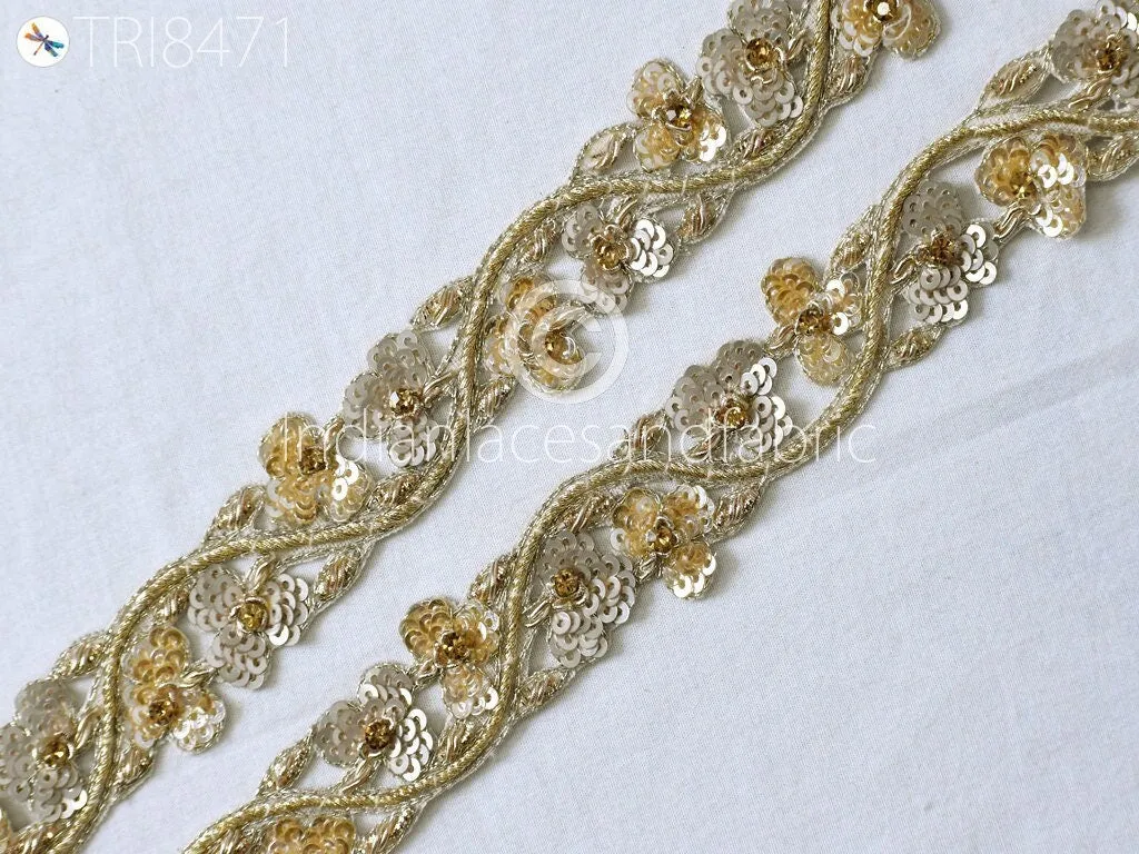 Trim by 3 Yards Handmade | Sequin Zardozi Wedding Dress lace | Costume Indian Floral Sari Border | DIY Craft Saree Ribbon Zari Tape Trimming