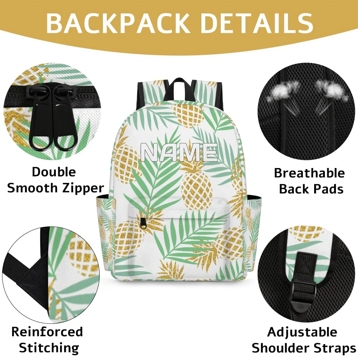 Tropical Pineapple Customized Kids Backpack for Boys Girls Palm Leaves Personalized Preschool Toddler Backpack Kindergarten Nursery Bookbag Travel Children School Bag