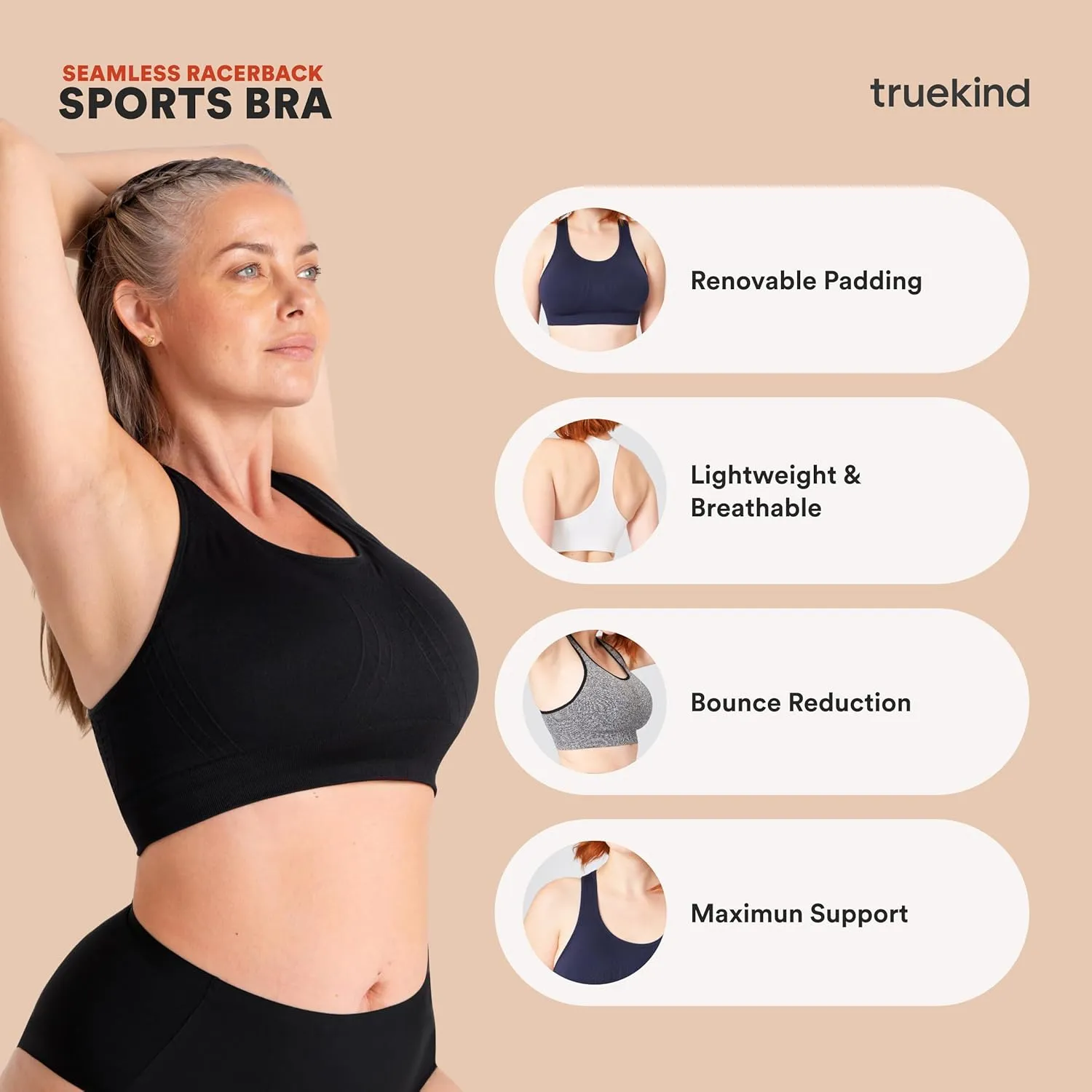 Truekind Racerback Sports Bras for Women, High Support Workout Tops for Women, Workout Bra Plus Size