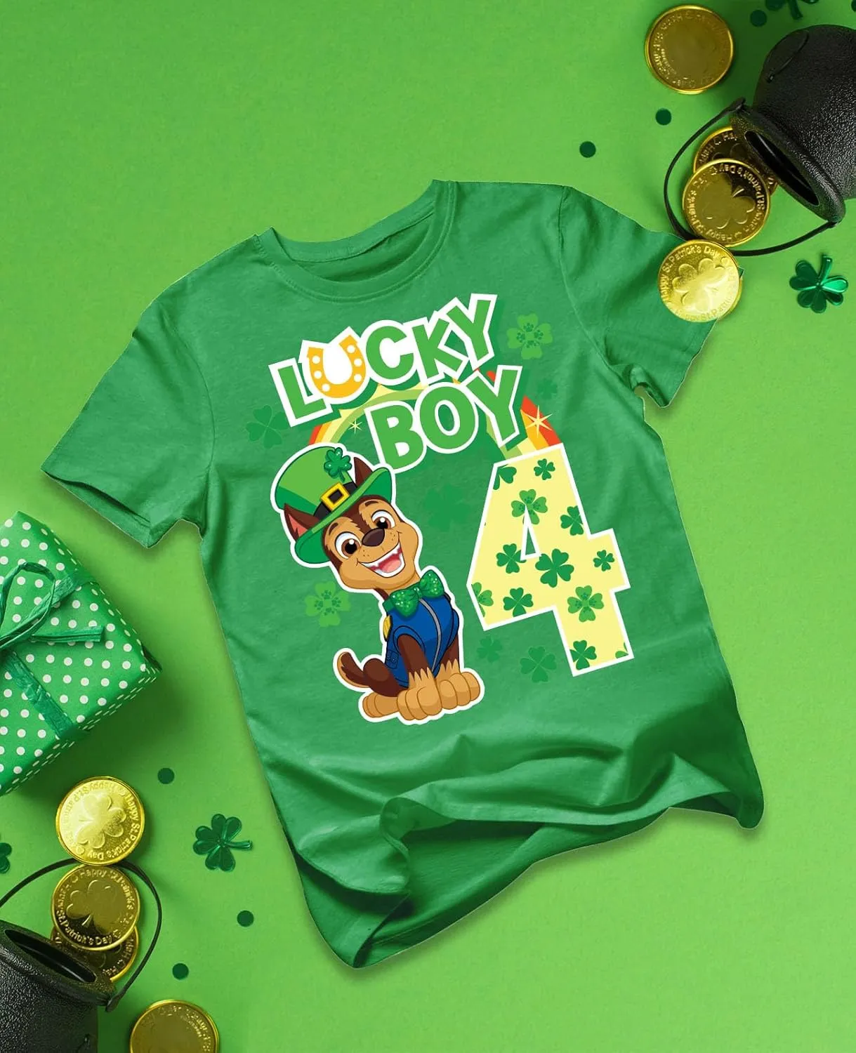 Tstars Paw Patrol 4 Chase Shirt Gifts for Four Years Old 4th Birthday Theme Party Toddler Kids T-Shirt