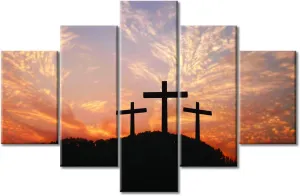 TUMOVO 5 Panel Wall Art Cross on Top of Mountain Pictures Modern Home Decor Faith Jesus Canvas Paintings Wall Decor Living Room Sunset House Decor Posters and Prints Framed Ready to Hang (60" Wx40 H)