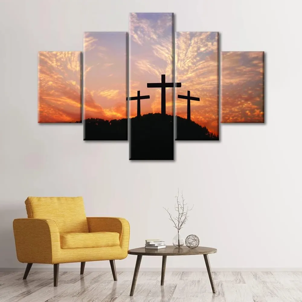 TUMOVO 5 Panel Wall Art Cross on Top of Mountain Pictures Modern Home Decor Faith Jesus Canvas Paintings Wall Decor Living Room Sunset House Decor Posters and Prints Framed Ready to Hang (60" Wx40 H)