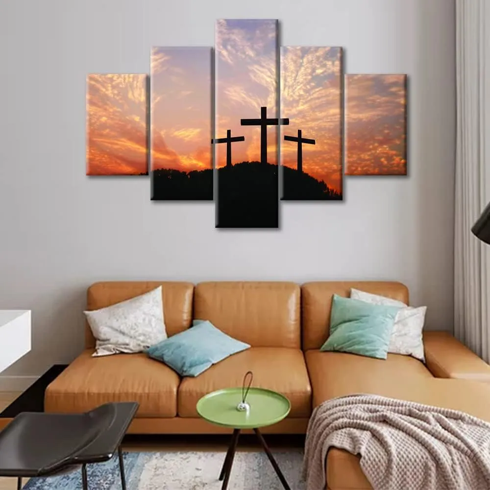 TUMOVO 5 Panel Wall Art Cross on Top of Mountain Pictures Modern Home Decor Faith Jesus Canvas Paintings Wall Decor Living Room Sunset House Decor Posters and Prints Framed Ready to Hang (60" Wx40 H)