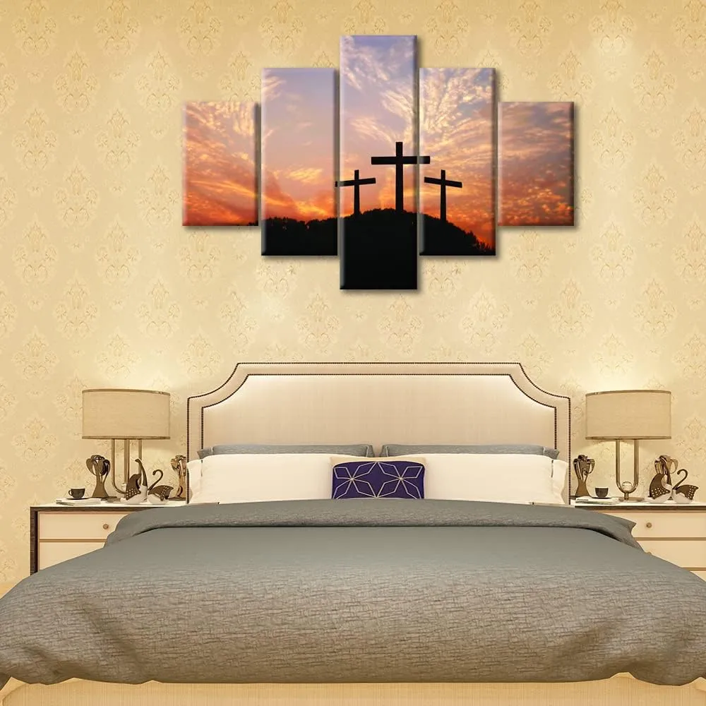 TUMOVO 5 Panel Wall Art Cross on Top of Mountain Pictures Modern Home Decor Faith Jesus Canvas Paintings Wall Decor Living Room Sunset House Decor Posters and Prints Framed Ready to Hang (60" Wx40 H)