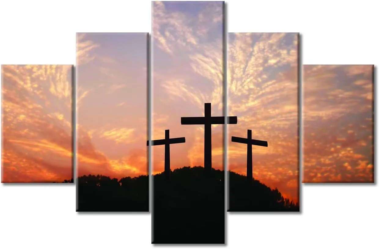 TUMOVO 5 Panel Wall Art Cross on Top of Mountain Pictures Modern Home Decor Faith Jesus Canvas Paintings Wall Decor Living Room Sunset House Decor Posters and Prints Framed Ready to Hang (60" Wx40 H)