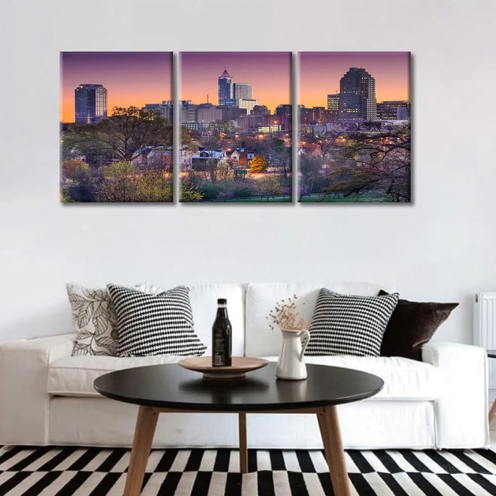 TUMOVO Home Decor Raleigh North Carolina American Cityscape Pictures Rustic Home Decor 3 Panel Skyscraper Skyline Modern Artwork Print on Canvas Stretched and Framed Ready to Hang (36" Wx16 H)