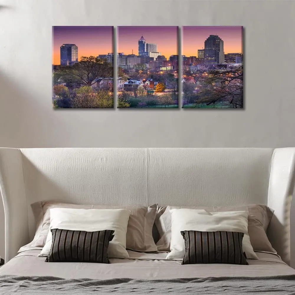 TUMOVO Home Decor Raleigh North Carolina American Cityscape Pictures Rustic Home Decor 3 Panel Skyscraper Skyline Modern Artwork Print on Canvas Stretched and Framed Ready to Hang (36" Wx16 H)