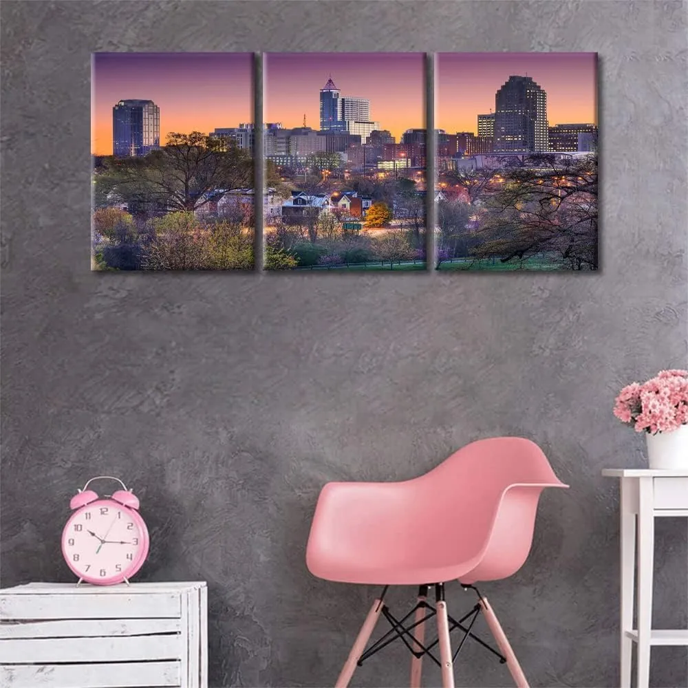 TUMOVO Home Decor Raleigh North Carolina American Cityscape Pictures Rustic Home Decor 3 Panel Skyscraper Skyline Modern Artwork Print on Canvas Stretched and Framed Ready to Hang (36" Wx16 H)
