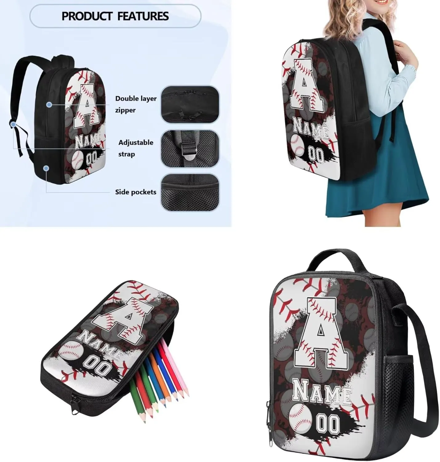 Tuoxiukan Personalized Baseball Backpack for Boys 12-14 Customized Name and Number Backpack for Girls 6th Grade Back Packs Elementary High School Schoolbag Children Rucksack Bookbag Laptop Compartment