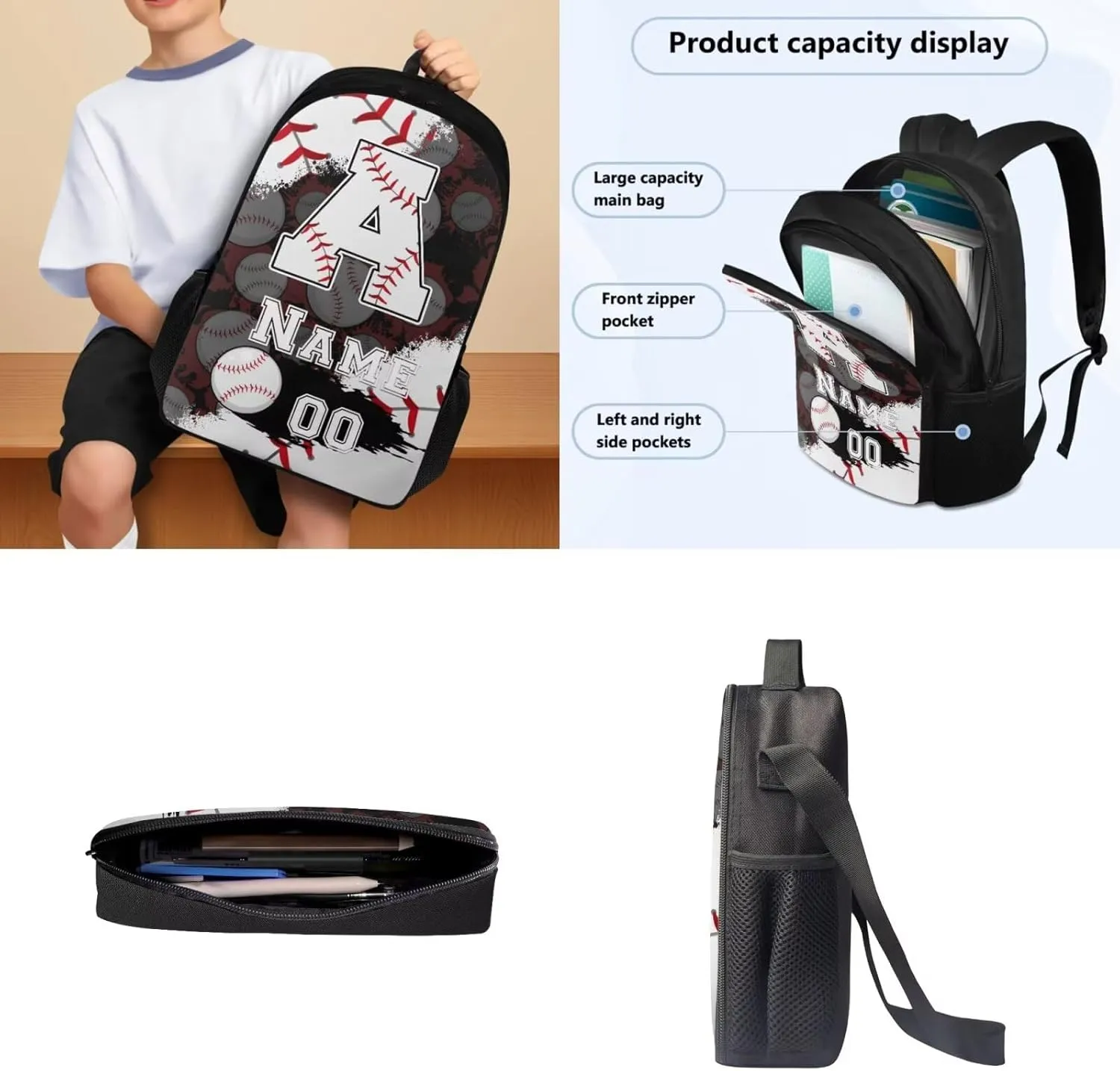 Tuoxiukan Personalized Baseball Backpack for Boys 12-14 Customized Name and Number Backpack for Girls 6th Grade Back Packs Elementary High School Schoolbag Children Rucksack Bookbag Laptop Compartment