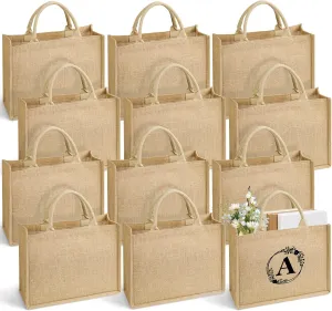 ULENDIS 12 Pack Burlap Jute Tote Bag with Handles, Large Reusable Grocery Beach Bag with 26 Iron on Letters transfers, Laminated Interior Blank DIY Crafts Bags for Bridesmaid Gift Travel Shopping