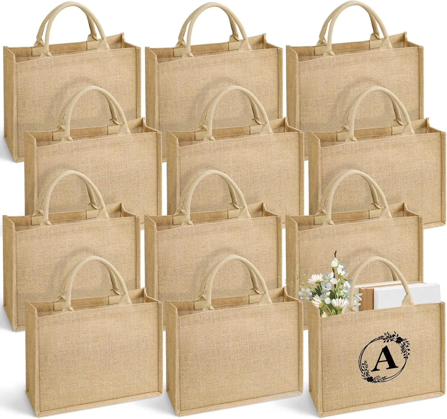 ULENDIS 12 Pack Burlap Jute Tote Bag with Handles, Large Reusable Grocery Beach Bag with 26 Iron on Letters transfers, Laminated Interior Blank DIY Crafts Bags for Bridesmaid Gift Travel Shopping
