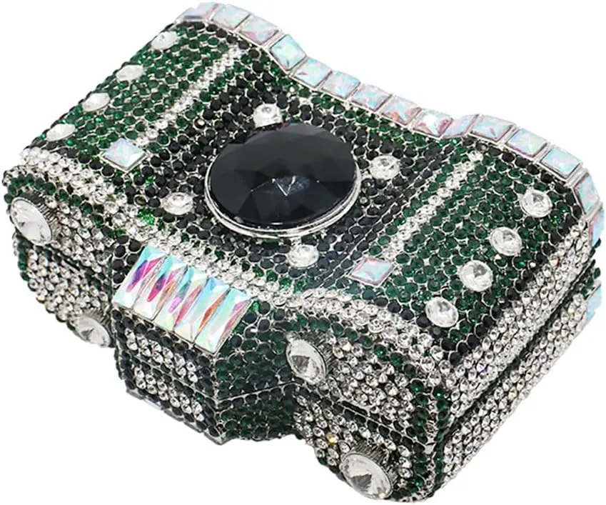 UMREN Novelty Crystal Camera Shaped Clutch Purse for Women Sparkly Rhinestones Evening Clutch Bag Glitter Bridal Prom Handbag
