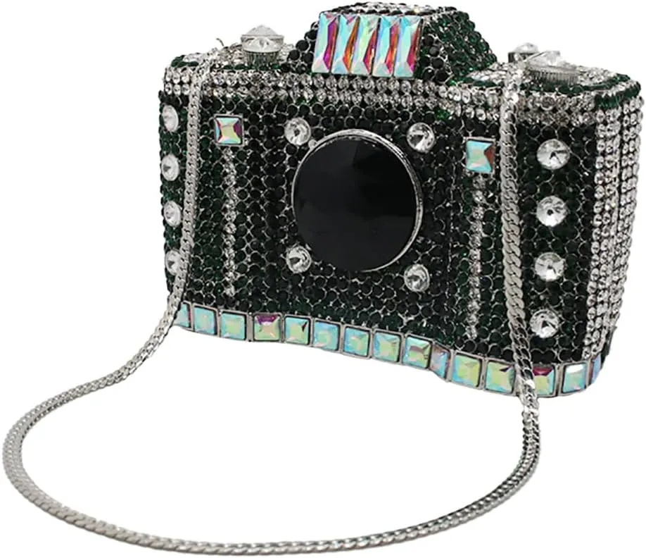 UMREN Novelty Crystal Camera Shaped Clutch Purse for Women Sparkly Rhinestones Evening Clutch Bag Glitter Bridal Prom Handbag
