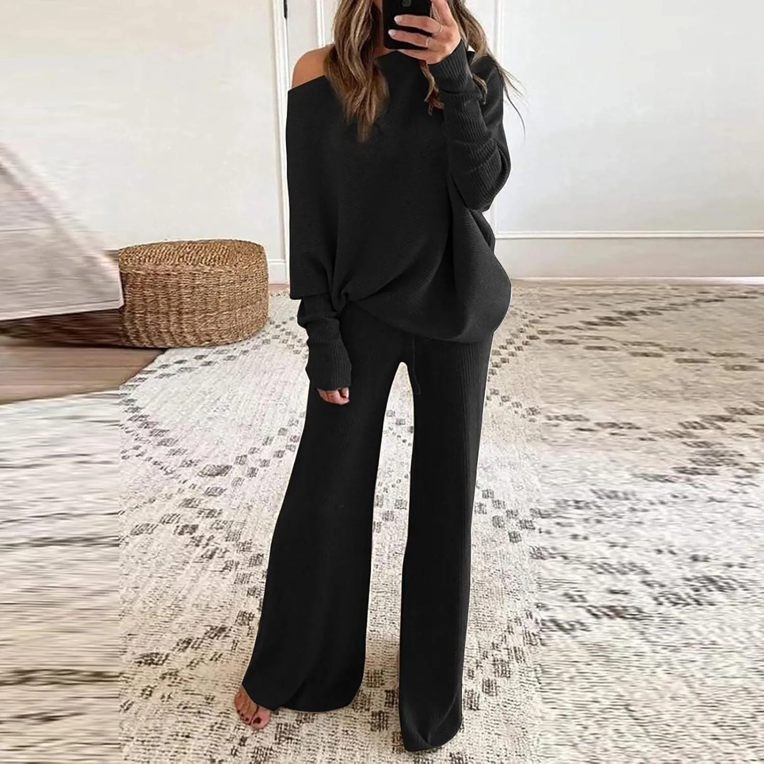 UQRZAU Women'S Wear Solid Color Round Neck Long Sleeve Leisure Two Piece Suit