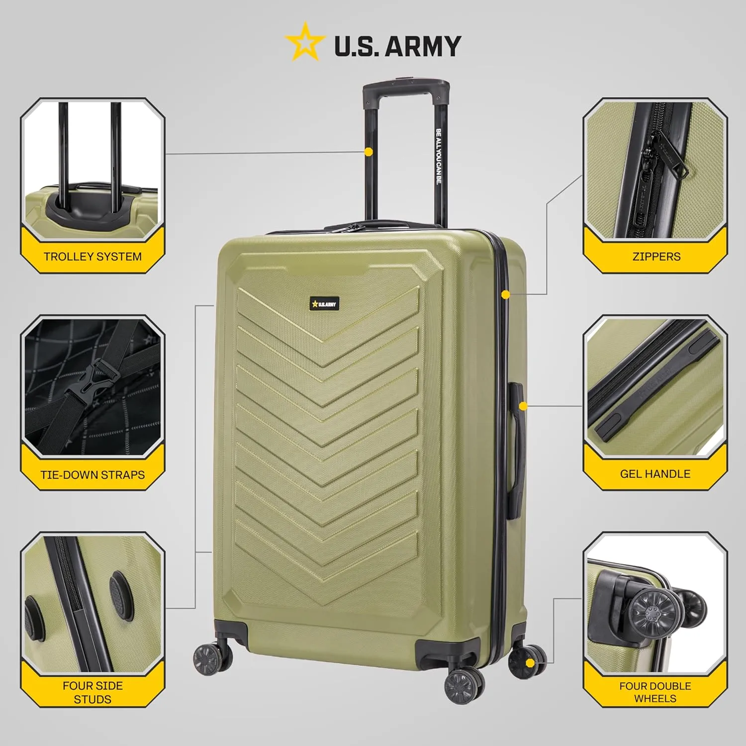 US ARMY Fox 28 inch Hardside Luggage with Spinner Wheels | Lightweight Large Suitcase for Extended Travel | Chevron Icon, Gel Handle, Side Studs, Retractable Trolley, Heavy Duty | Olive Drab