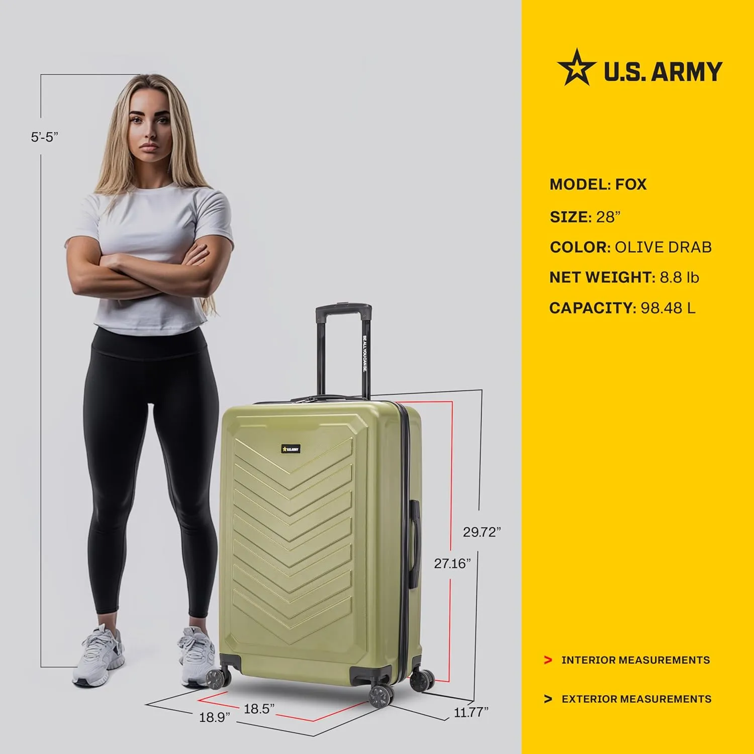 US ARMY Fox 28 inch Hardside Luggage with Spinner Wheels | Lightweight Large Suitcase for Extended Travel | Chevron Icon, Gel Handle, Side Studs, Retractable Trolley, Heavy Duty | Olive Drab