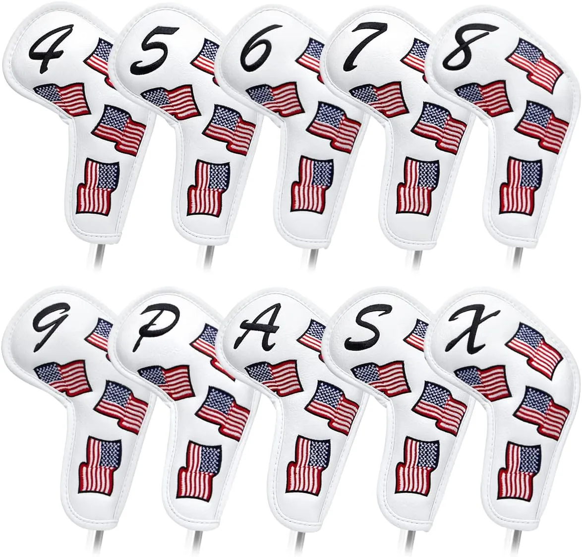 US Flag Golf Iron Covers Headcovers - 10pcs Patriotism Golf Club Covers for Irons - White Synthetic Leather Golf Iron Wedge Head Covers fits for PXG, Taylormade, Mizuno JPX MP, Etc.