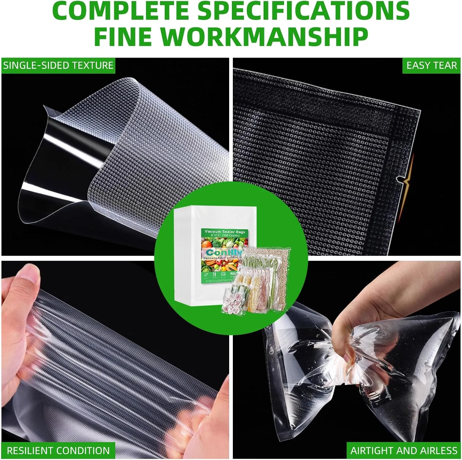 Vacuum Sealer Bags - 100 Pack (6"x10" 8" x 12") | BPA Free, Commercial Grade, Puncture & Leak Proof | Pre-Cut for Sous Vide, Meal Prep, Freezer Storage | Textured & Chamber Vacuum Sealer Compatible