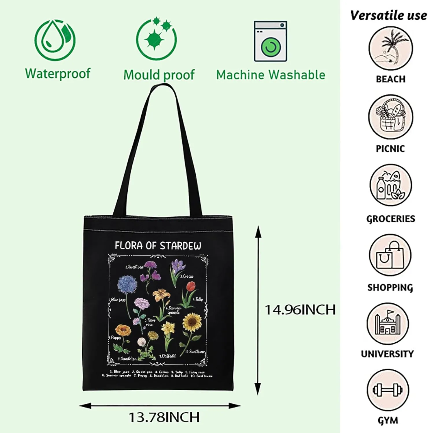 Valley Game Inspired Flora Of Star-dew Tote Bag - Pelican Town Flowers Vintage Botanical Shoulder Bag - Farm Sim Gift