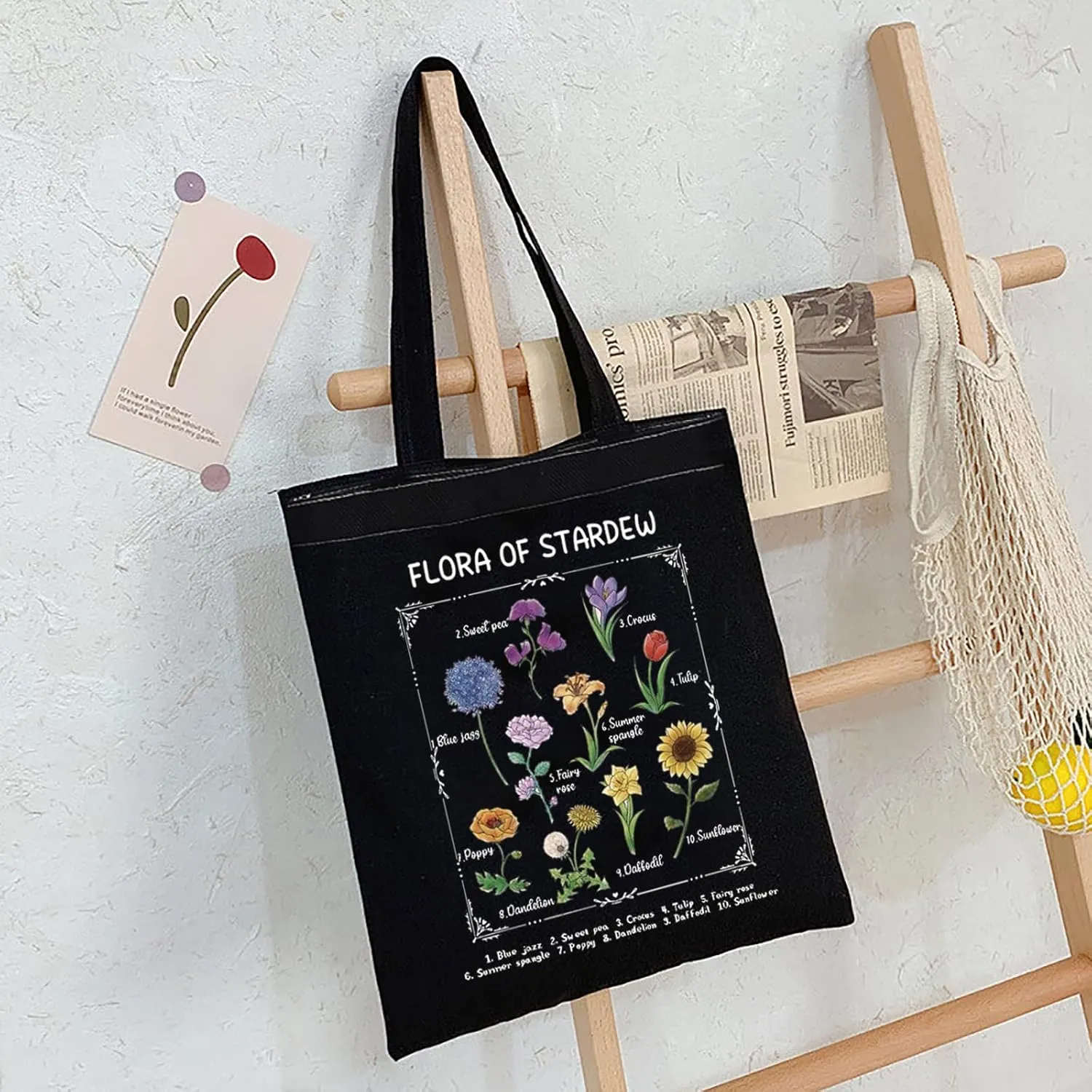Valley Game Inspired Flora Of Star-dew Tote Bag - Pelican Town Flowers Vintage Botanical Shoulder Bag - Farm Sim Gift