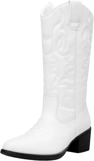 Vepose Women's Cowboy Boots Western Cowgirl Round Toe Mid Calf Boots for Women