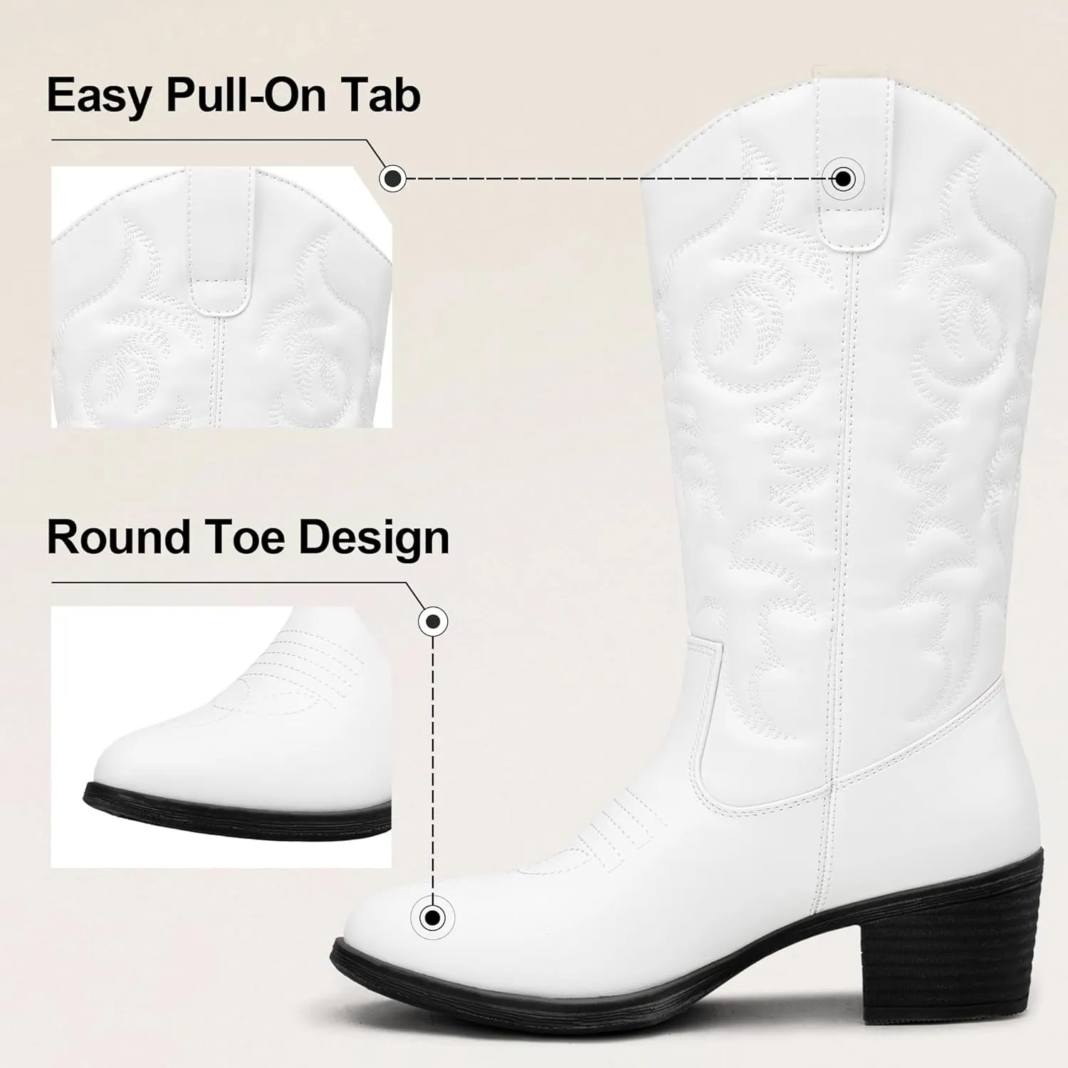 Vepose Women's Cowboy Boots Western Cowgirl Round Toe Mid Calf Boots for Women