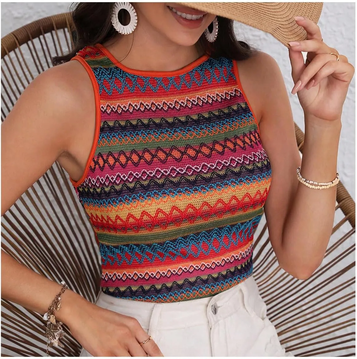 Verdusa Women's Geo Print Crewneck Sleeveless Tops Boho Summer Tank Top