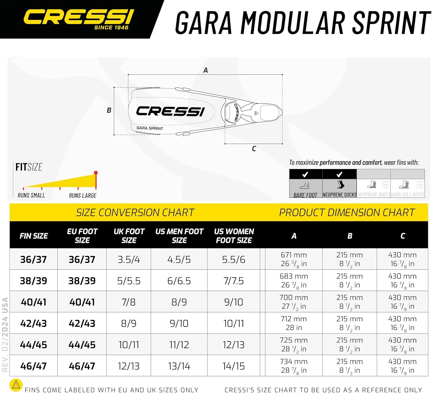 Versatile Fins for Scuba Diving, Snorkeling, Freediving - Gara Modular Interchangeable Blade System - Adjustable Full Foot Pocket - Gara Sprint: made in Italy by Cressi