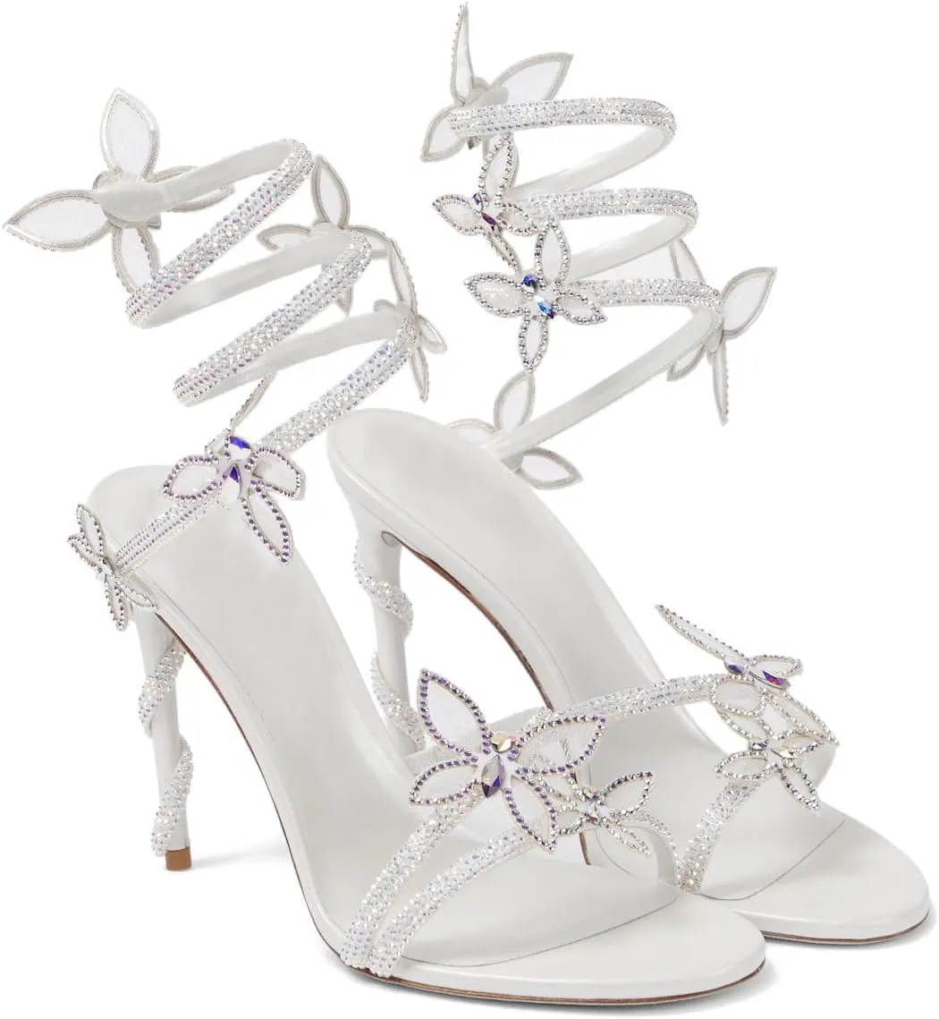 Vertundy Embellished Rhinestone Butterfly Spiral Coil Wrap Around Stiletto Heels Diamante Ankle Strap Fantasy Sparkly Sandals Dress Shoes