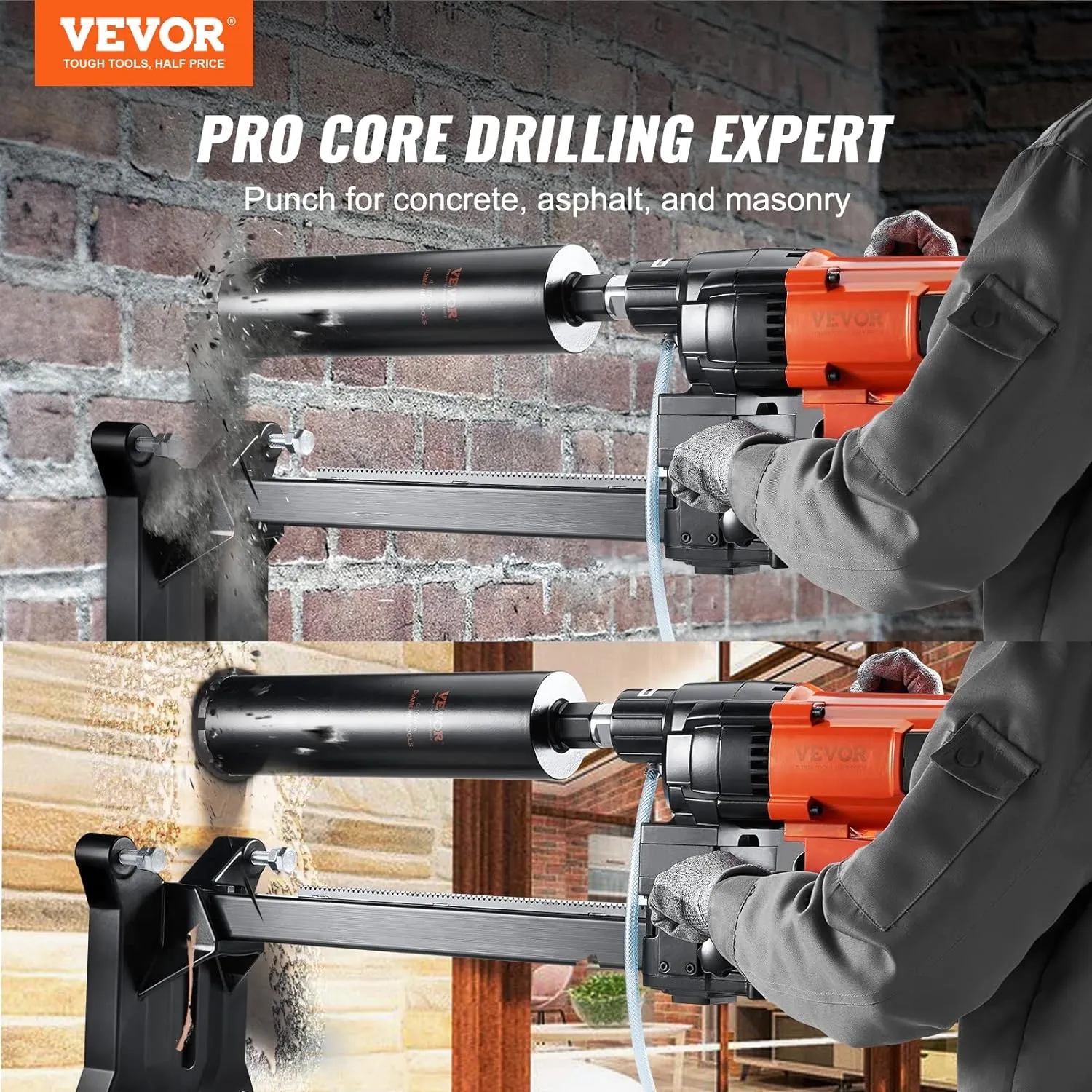 VEVOR Diamond Core Drilling Machine, 10in Wet Concrete Core Drill Rig with Stand Wheels, 750RPM Speed & 1-1/4" Thread & Lifting Handle, 10in Drilling Diameter for Concrete Brick Block Stone, 2500W