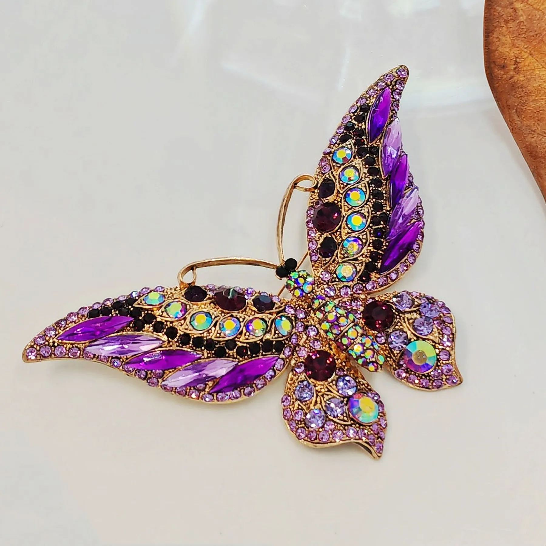 Vintage Crystal Butterfly Brooch Pin, Purple and Amethyst with Gold-Tone Finish, Iridescent Rhinestone Detail