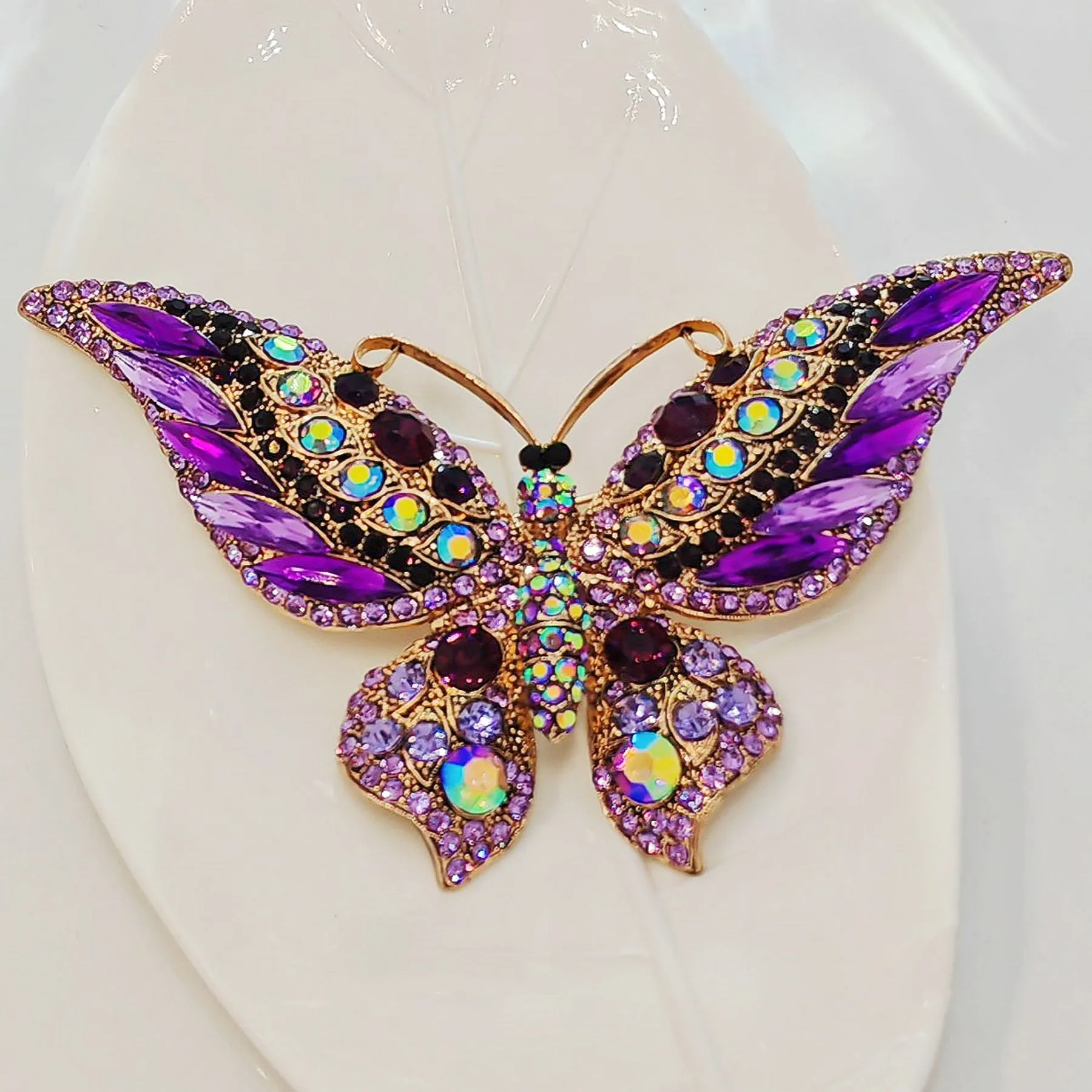 Vintage Crystal Butterfly Brooch Pin, Purple and Amethyst with Gold-Tone Finish, Iridescent Rhinestone Detail