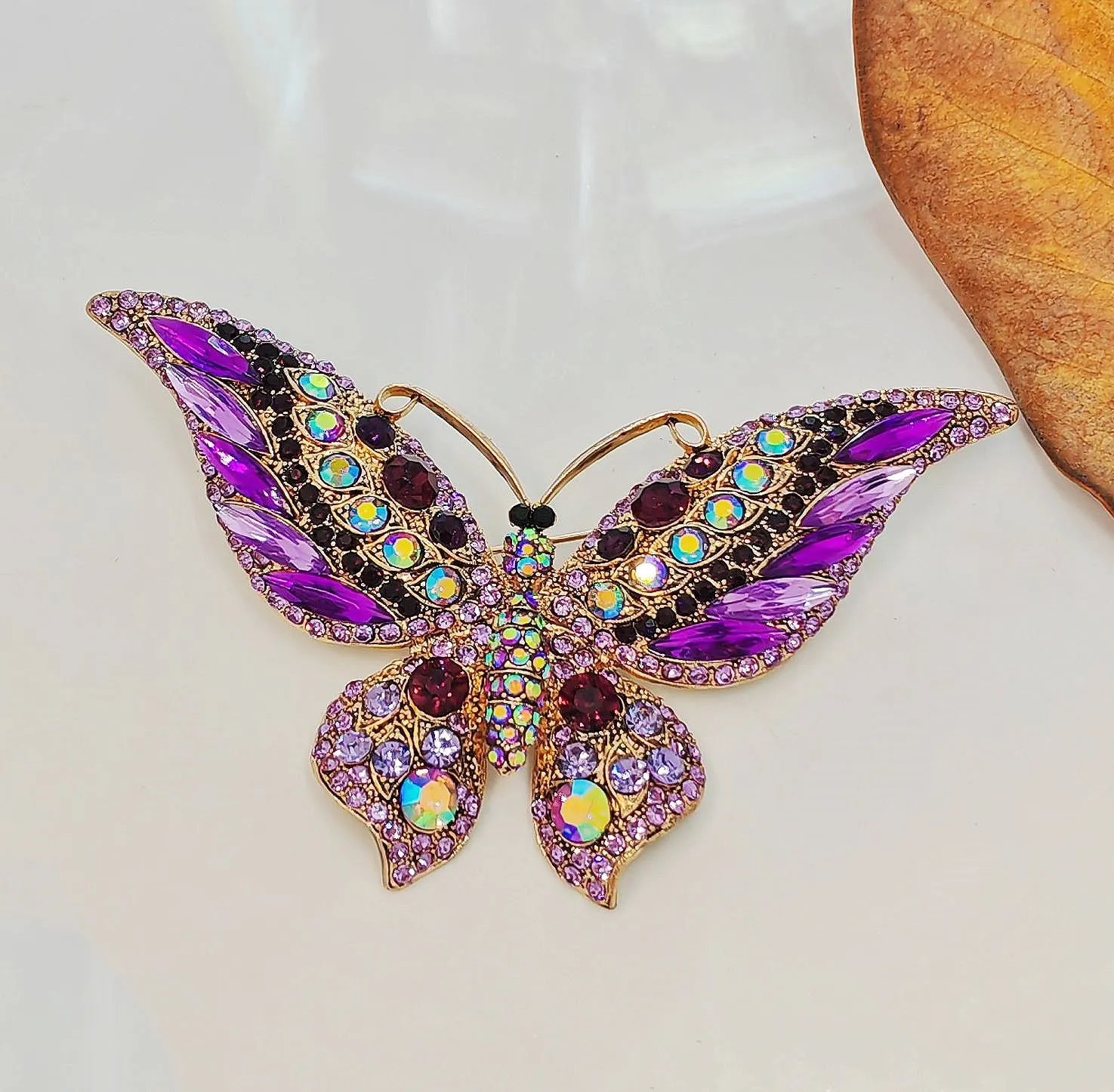 Vintage Crystal Butterfly Brooch Pin, Purple and Amethyst with Gold-Tone Finish, Iridescent Rhinestone Detail