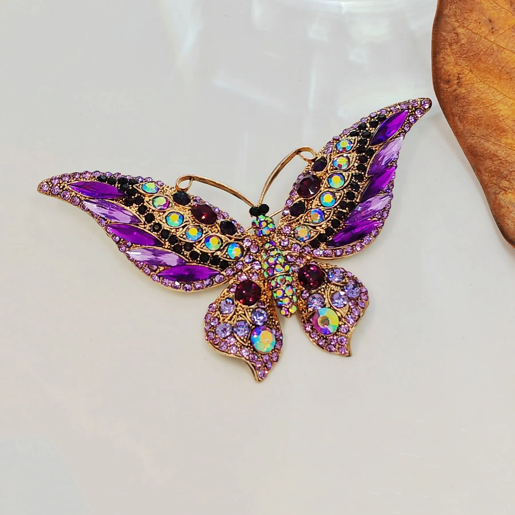 Vintage Crystal Butterfly Brooch Pin, Purple and Amethyst with Gold-Tone Finish, Iridescent Rhinestone Detail