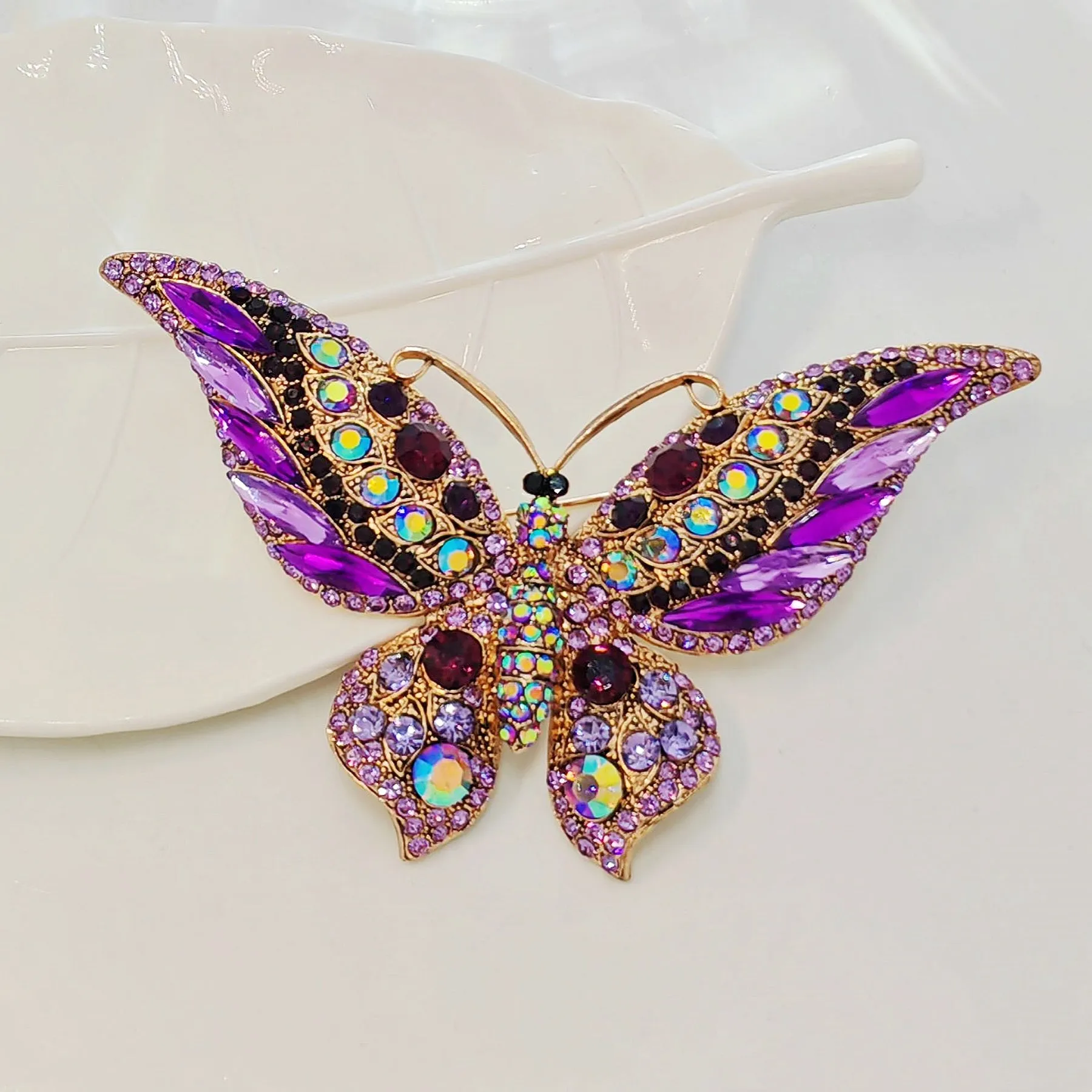 Vintage Crystal Butterfly Brooch Pin, Purple and Amethyst with Gold-Tone Finish, Iridescent Rhinestone Detail