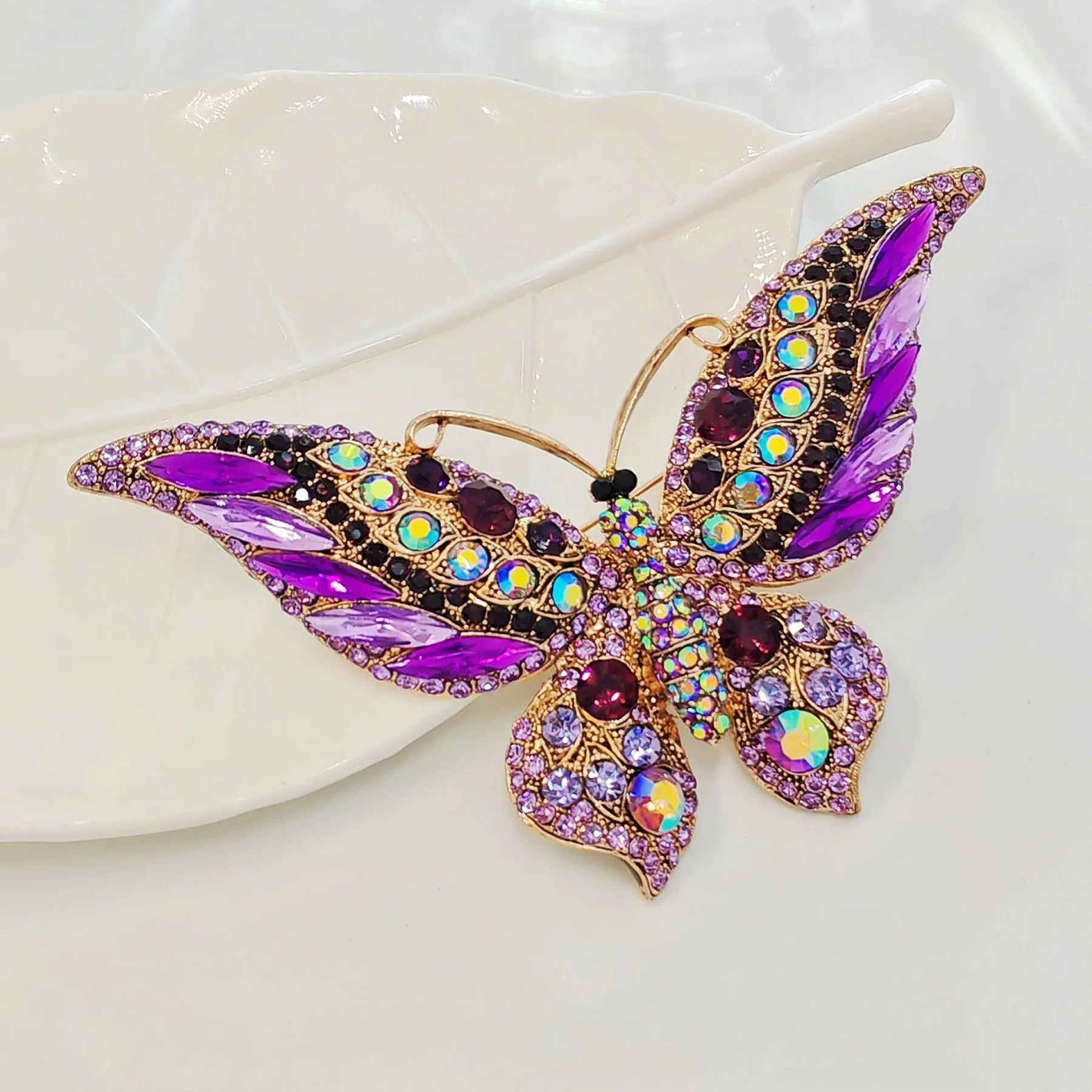 Vintage Crystal Butterfly Brooch Pin, Purple and Amethyst with Gold-Tone Finish, Iridescent Rhinestone Detail