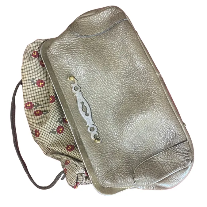 Vintage Taupe Pebble Leather Handbag with Pixelated Floral Lining
