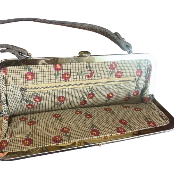 Vintage Taupe Pebble Leather Handbag with Pixelated Floral Lining