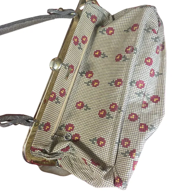 Vintage Taupe Pebble Leather Handbag with Pixelated Floral Lining